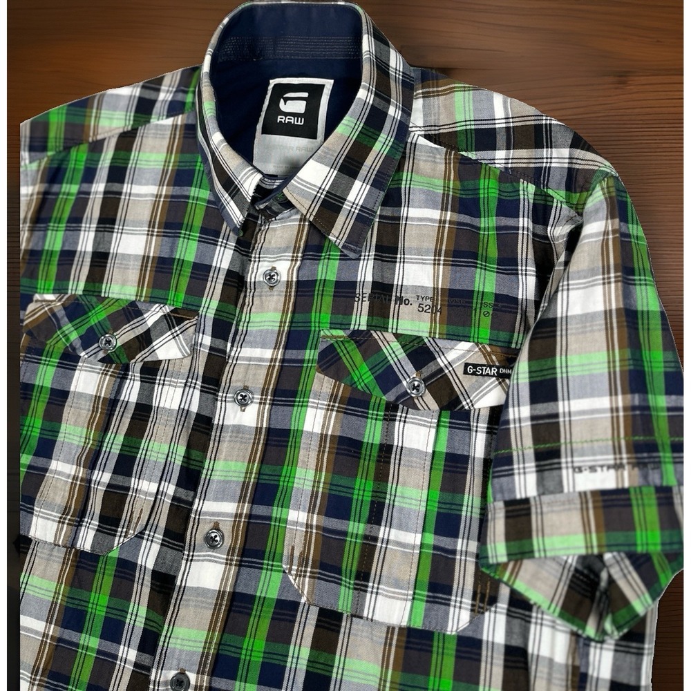 G Star Raw Shirt‎ Mens Large Button Up Green Blue Short Sleeve Preppy Casual